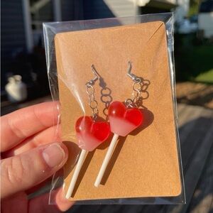 Hand-pieced Red Heart Lollipop Earrings